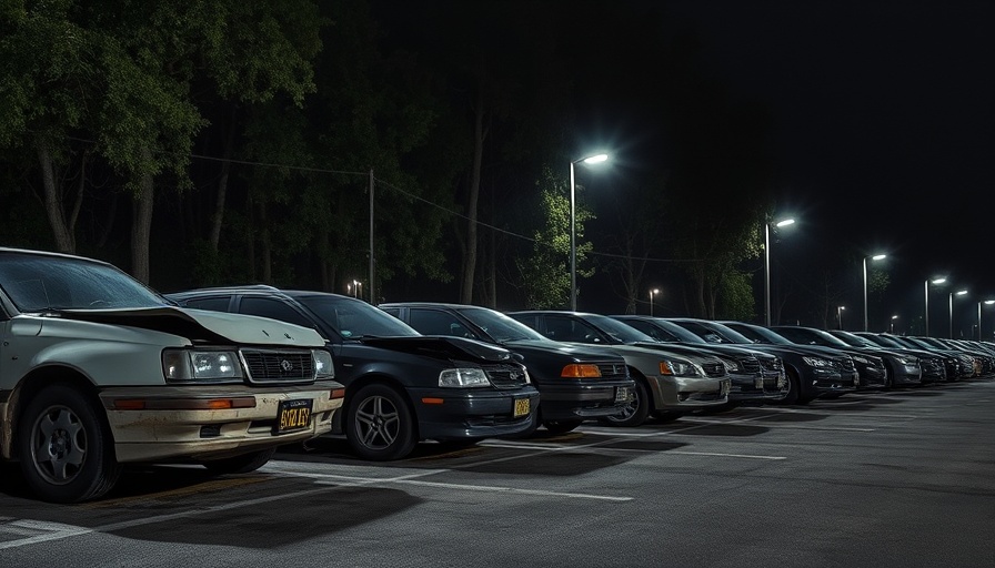Row of damaged cars in nighttime parking lot for local news.