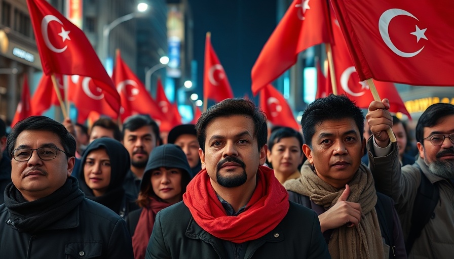 Uyghur leaders protest at night with flags and signs.
