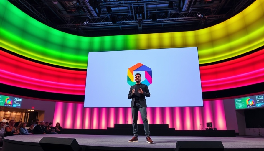Presenter at a tech conference on stage, Android news virtual event.