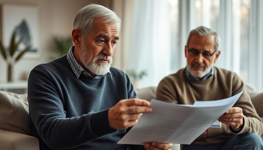 Two men discussing documents in a senior living community.