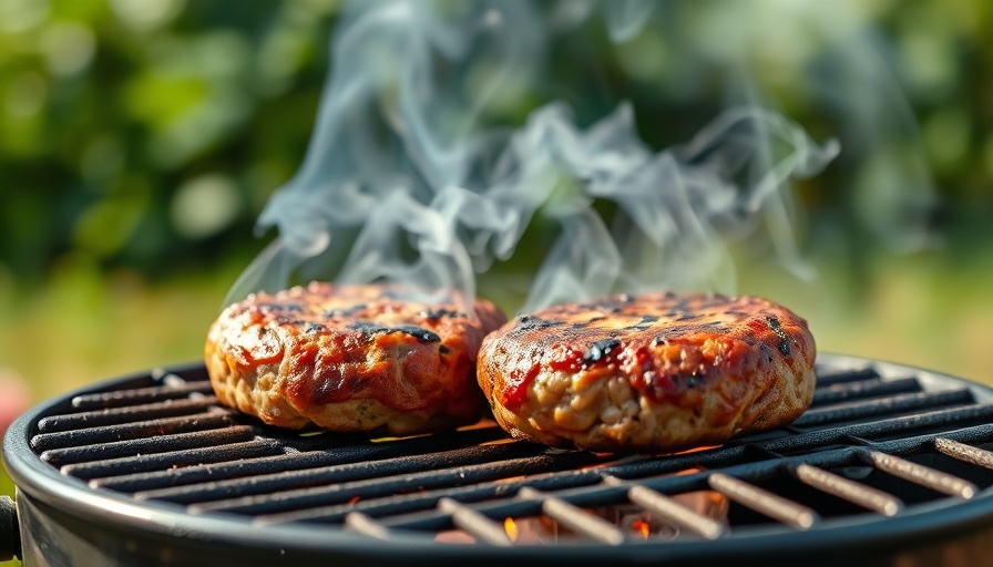 Outdoor grill station with sizzling burger patties, emitting smoke.