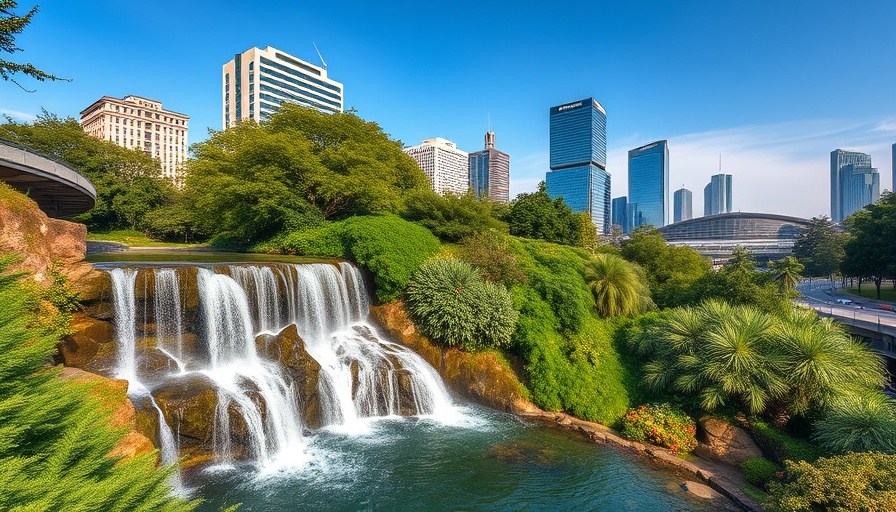 Cityscape with waterfall and office buildings in South Carolina.