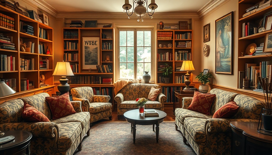 Vintage living room decor with patterned sofas and retro items.