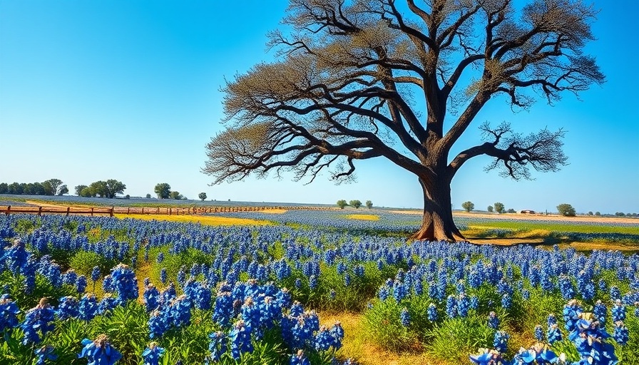 Scenic Texas landscape with bluebonnets and oak trees, 2025