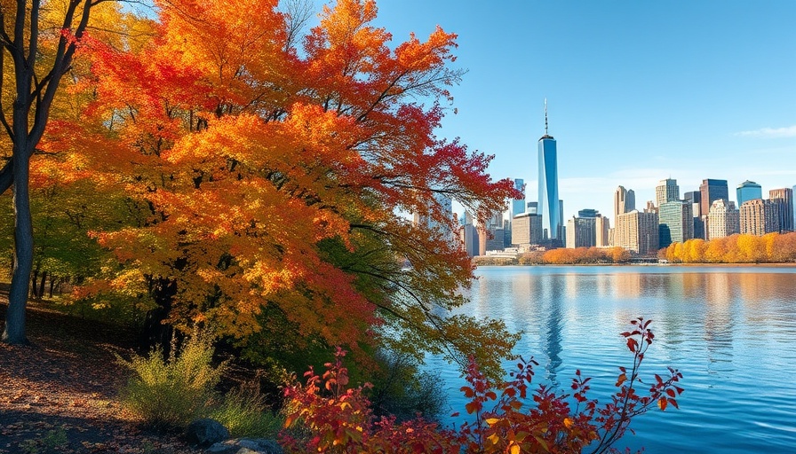 Serene lake view with NYC skyline in fall foliage, best places to live in New York.