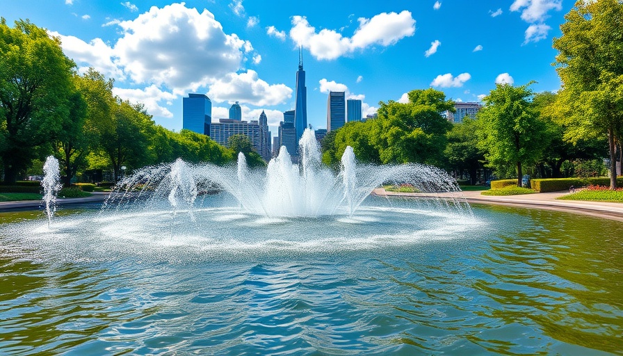 Vibrant park with fountain and skyline, South Carolina living.