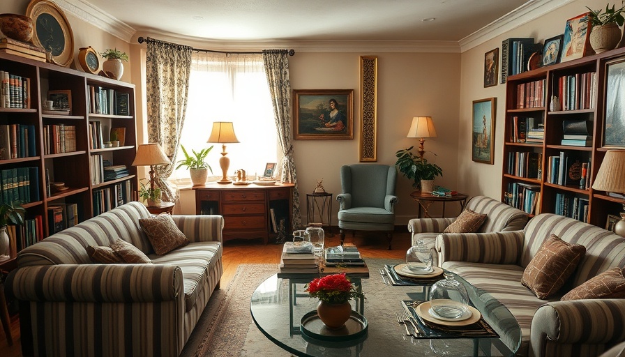 Cozy living room with vintage decor and striped sofas.