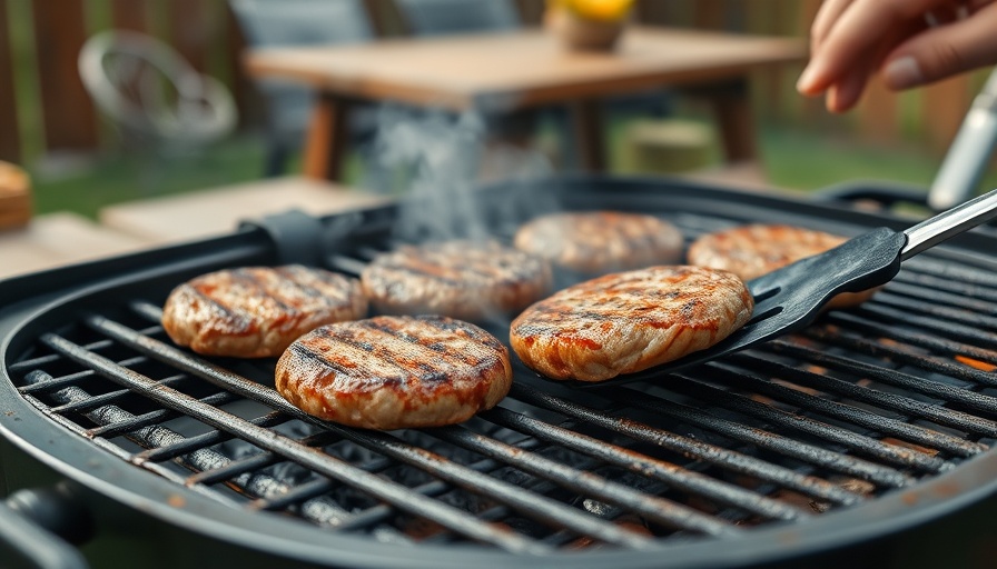 Outdoor grill station with burgers cooking and smoke rising.