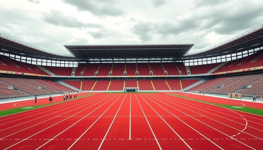 Track and field stadium in Eugene, OR under cloudy sky.