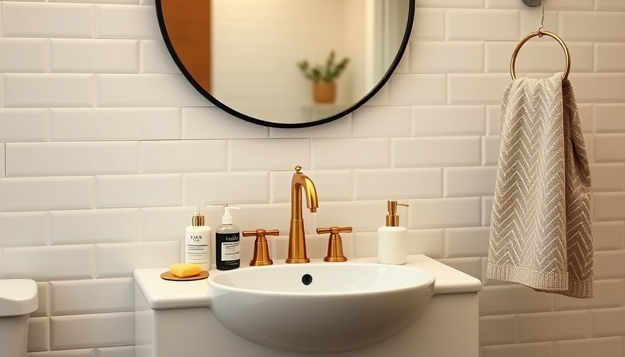 Elegant Jack and Jill bathroom with gold faucet and toiletries.