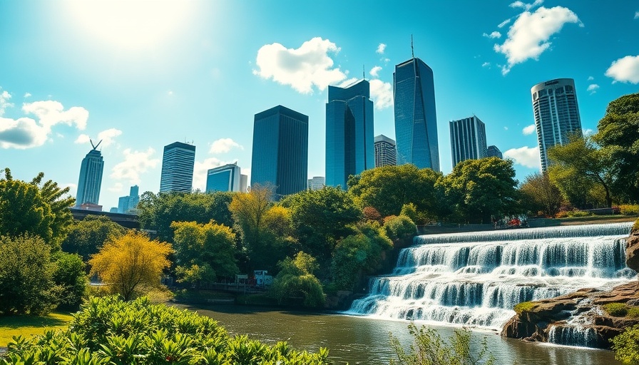Modern cityscape with waterfall in South Carolina, sunny day.