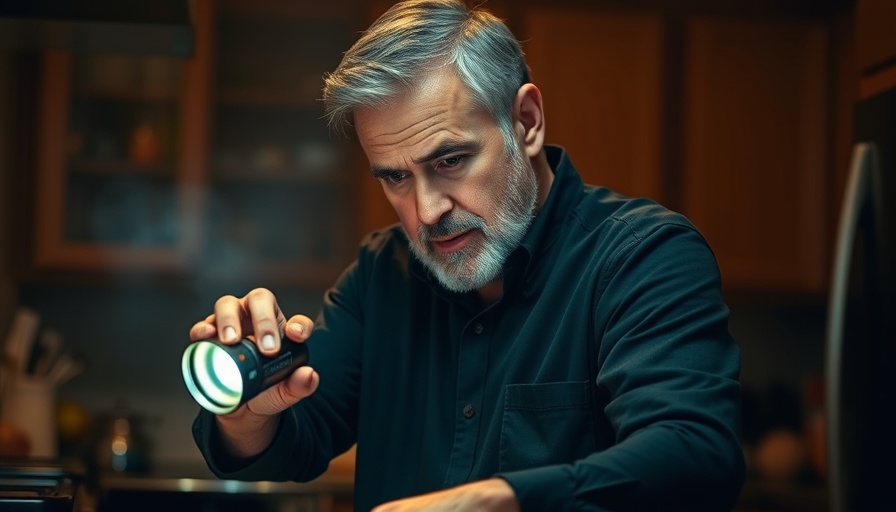 Man cooking with flashlight during Spain power outage news.