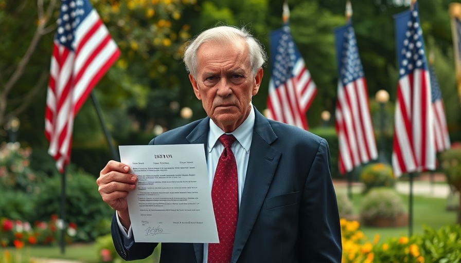 Older male holding signed document in front of flag, Trump's 100 Days of Chaos