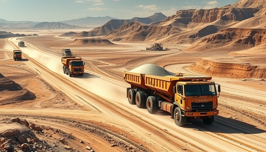 Mining trucks in a barren landscape, illustrating US Ukraine minerals deal.