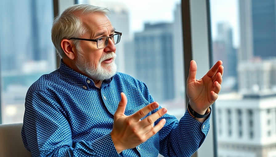 Elderly man discusses mergers and acquisitions in office setting.