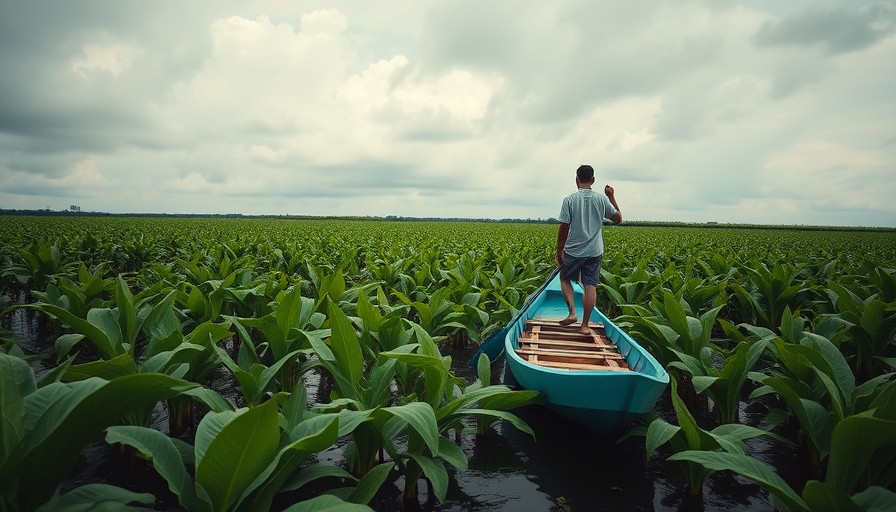 Man paddling through vegetation on teal boat, cloudy sky.