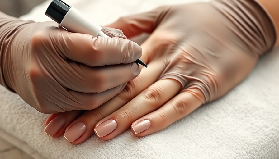 Gloved hands applying nail polish in a salon setting.