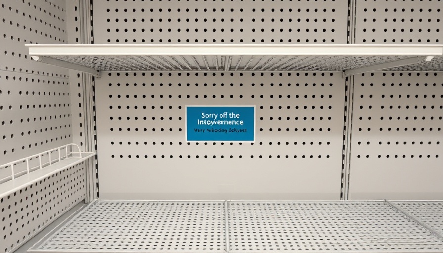 Empty store shelf with notice of trade war supply chain disruption.