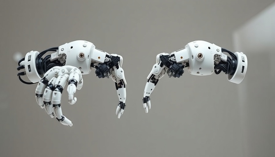 Dual 3D-printed robotic arms with precision wiring on a reflective surface.