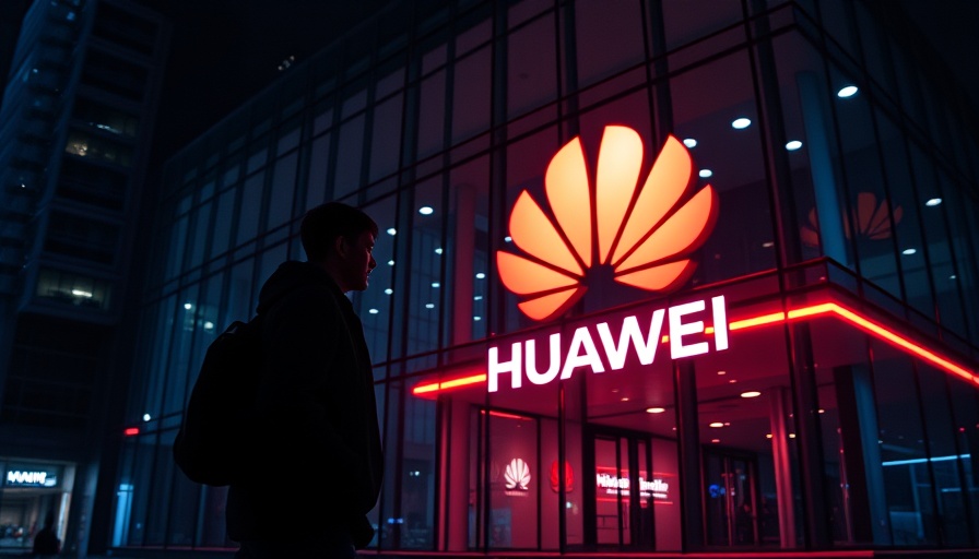 Silhouette near illuminated Huawei logo at night reflecting AI chip development.