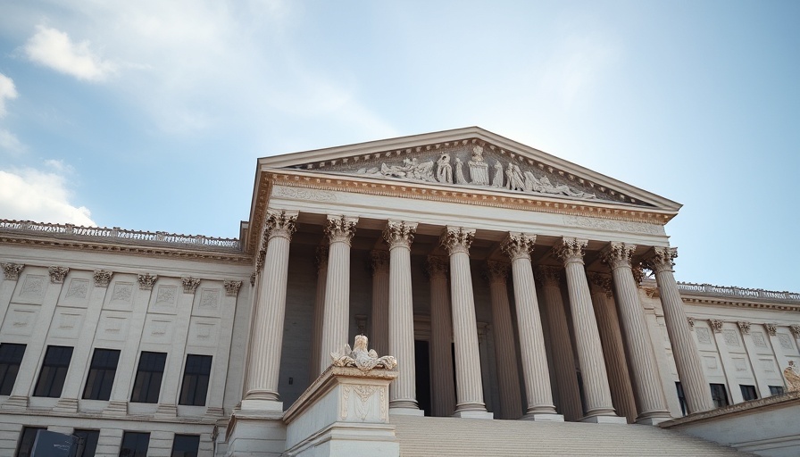 Supreme Court building with grand columns under a clear sky.