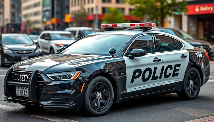 Local news: black and white police car with logo.