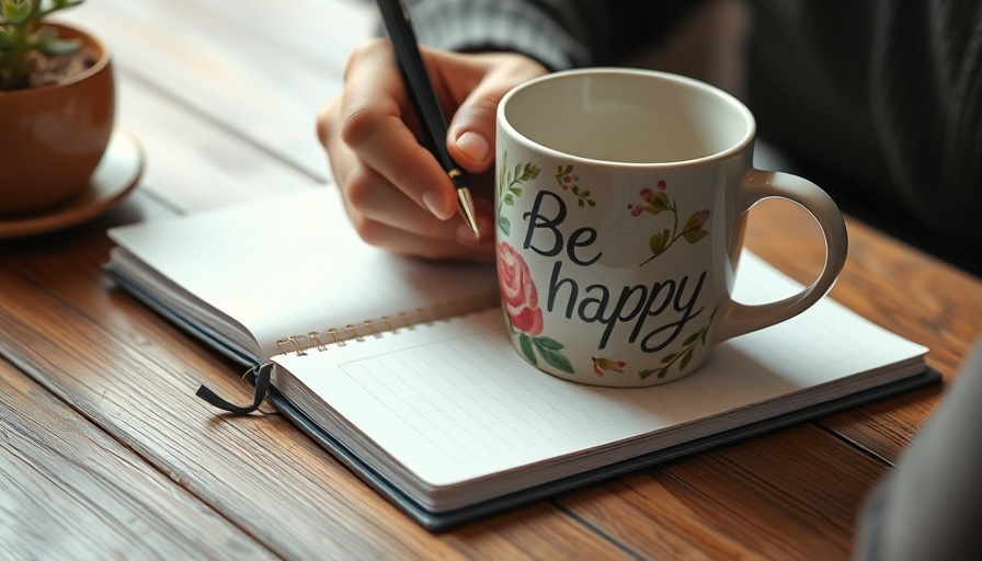 Close-up shot of a hand writing in a notebook with a 'Be Happy' mug, lifelike.