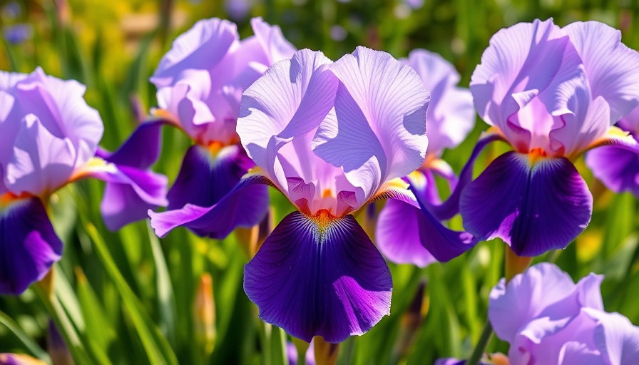 Colorful iris flowers in full bloom in a sunlit garden.