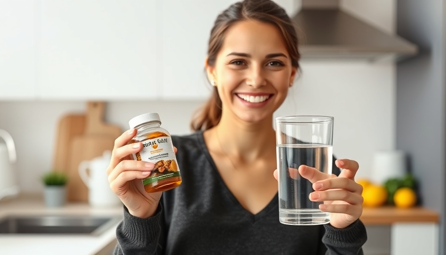 Young woman with supplement and water in kitchen, topic on Cinnamon Supplements Impact Medications.