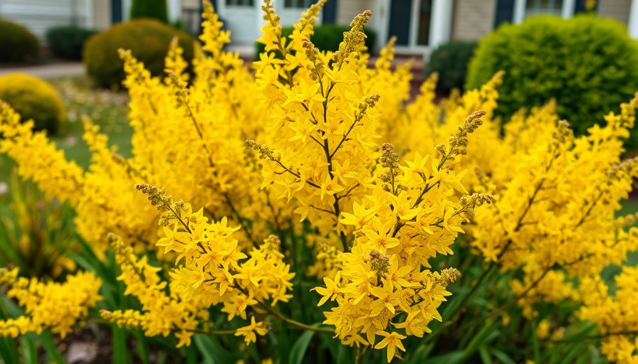 Forsythia bush with bright yellow blooms in a garden setting.