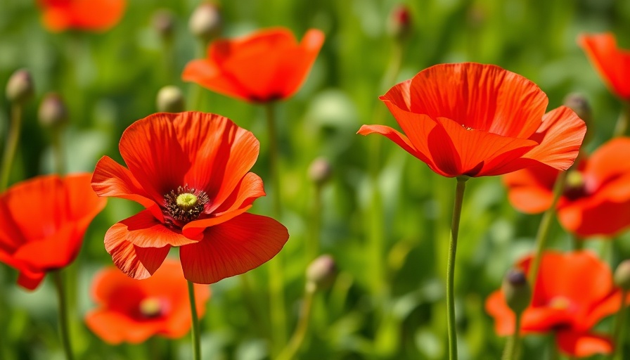 Vibrant red poppy flowers blooming in a lush garden.