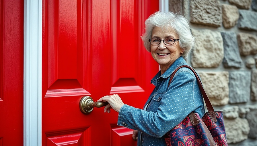 Elderly woman unlocking red door, smiling, patterned bag.