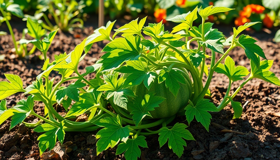 Lush pumpkin vine in sunlit garden, trimming tips.