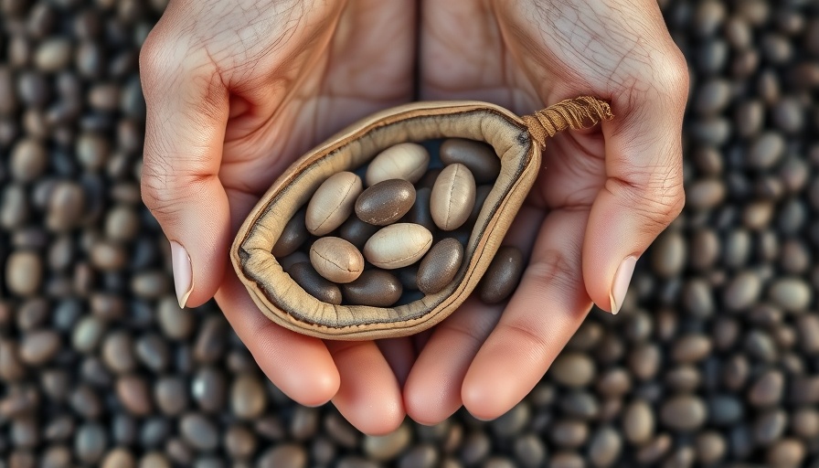 Hands holding a navy bean pod with beans inside, on a pile of navy beans.