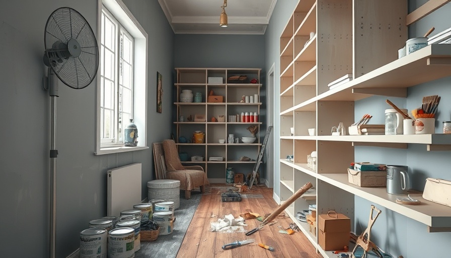 Room renovation with shelves and scattered tools.
