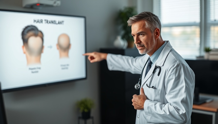Doctor explains hair transplant diagram on screen.