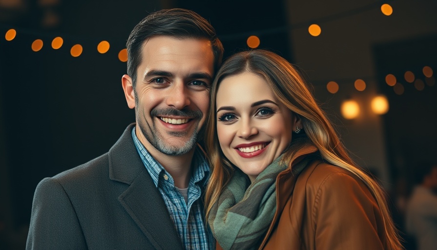Candid couple photo amid twinkling lights, stylish and cheerful.