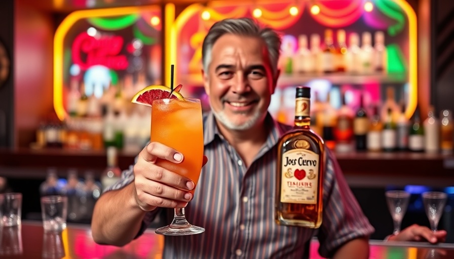 Tequila Sunrise Cocktail History: Man showcasing cocktail in a bar.