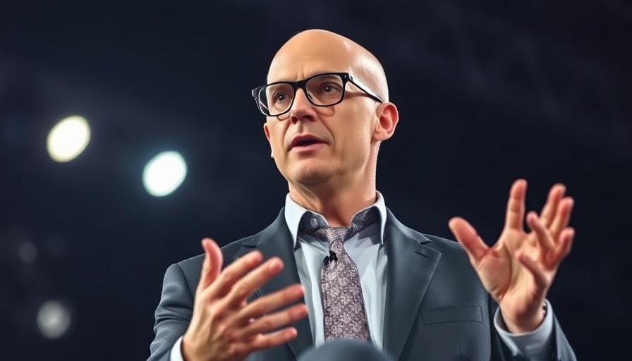 Bald man in suit reassuring investors on stage.