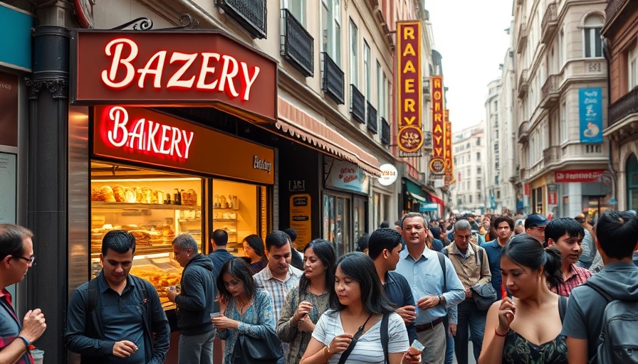 Crowd outside bakery demonstrating Greggs business strategies in urban setting.