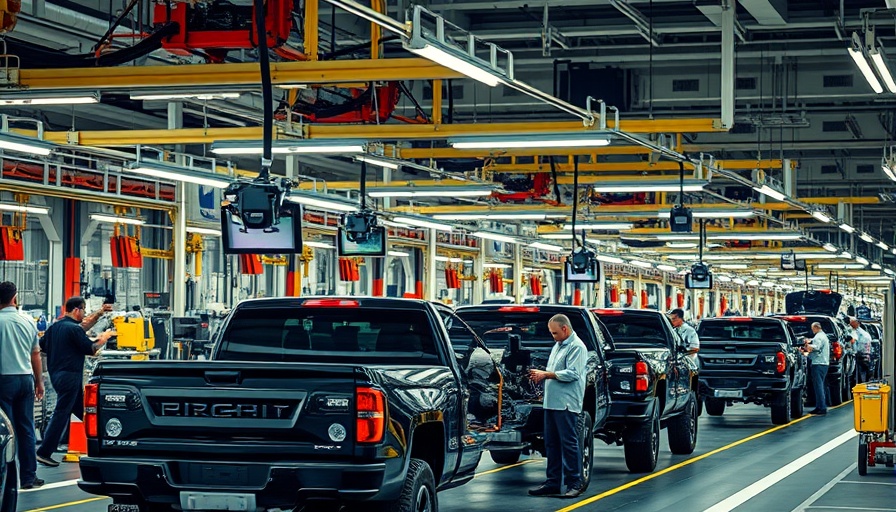 Truck assembly line in a modern factory with workers.