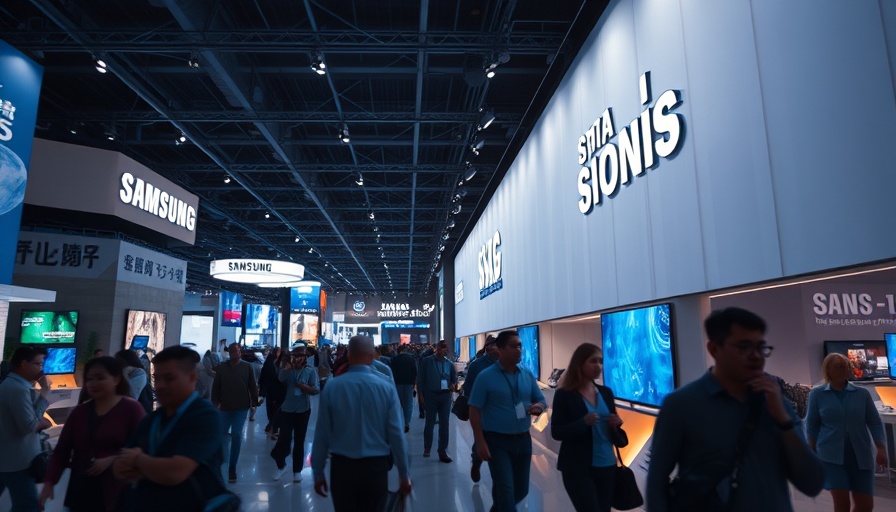 Samsung Electronics Q1 profits at trade show with people walking by.