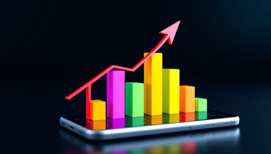 3D financial graph and smartphone with bars and arrow.