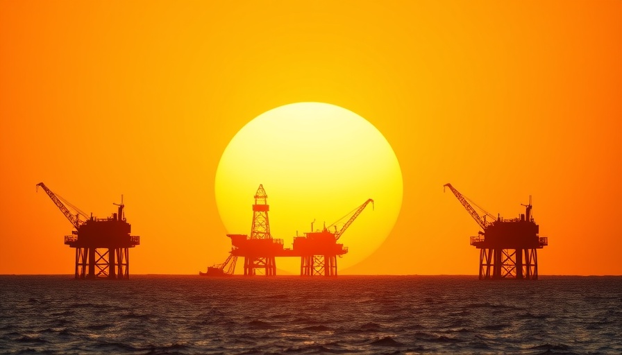Offshore oil platforms silhouetted at sunset, ocean view.