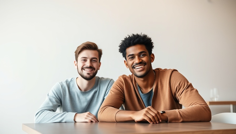 Two young men smiling at table, AI cheating startup solutions context.