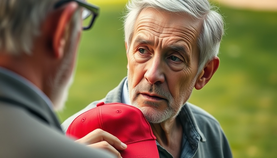 Older man with red cap, outdoor interaction, utility token launch symbolism.