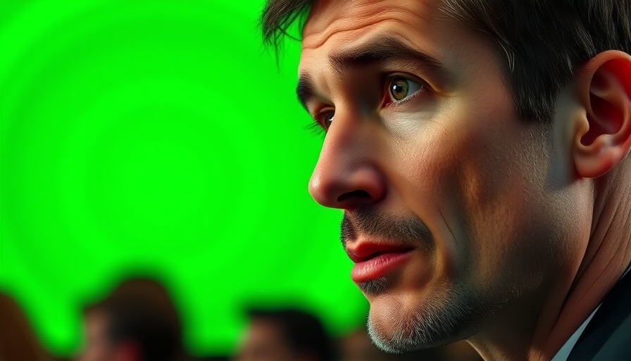 Thoughtful man speaking at tech conference, vibrant green background.