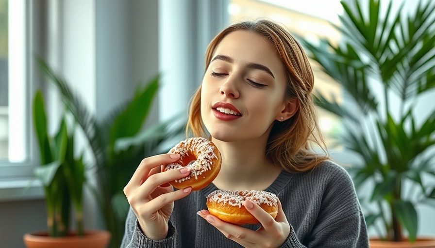 Woman eating donuts in cozy home setting.