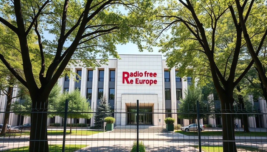 Radio Free Europe building symbolizing pro-democracy efforts.