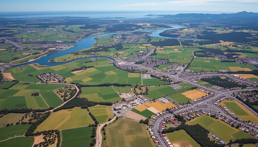 Aerial view of Point Reyes Station landscape with green fields and waterways.